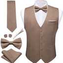 Barry.Wang Mens Suit Vest Linen Formal/Casual V-neck Waistcoat Tie Bow Tie Set Solid Color 6PC Wedding Party Tuxedo, Small