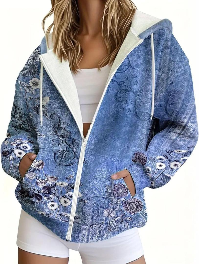 Women's Casual Long Sleeve Pullover Sweatshirt Zipper Vintage Print Loose Hoodie Fashion Clothes (Blue, S)