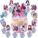 25Pcs Demon Movie Hunters Cake Decorations with 24pcs Cupcake Toppers, 1pcs Happy Birthday Cake Topper, Cartoon Themed Party Supplies, Perfect for Birthday Party Decorations