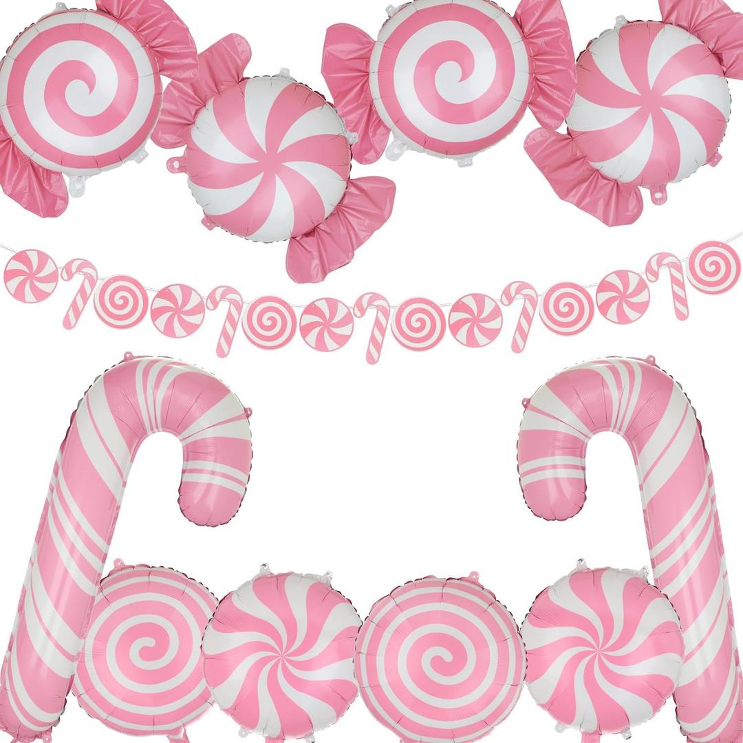 11 Pcs Christmas Candy Balloons Set Candy Cane Banner Candys Cane Mylar Balloons Xmas Gingerbread Winter Sweet Candies Theme Candyland Birthday Christmas Party Decor Supplies Pink