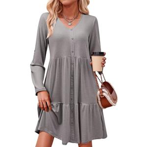 Dokotoo Fall Dresses for Women 2025 V Neck Button Up Long Sleeve Empire Waist Ruffle Tiered Mini Dress with Pockets (Large, Gray)