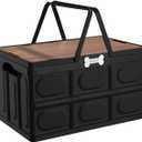 Outdoor Dog Toy Bin wtih Handles,Collapsible Dog Stuff Organizer Portable,Pet Storage Basket with Wood Cover for Dog Toys/Snack/Camping Essentials,Ideal for Car Trunk,RV Trip,Picnic-Black
