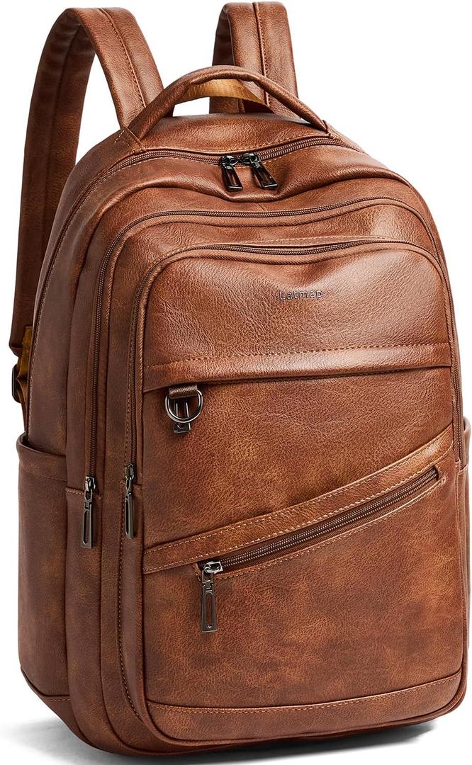 LATMAP 43L Backpack for Women Men - Vegan Leather Backpack Purse Travel Carry-on Bag College Bookbag Work fits 17" Laptop, Brown, Medium