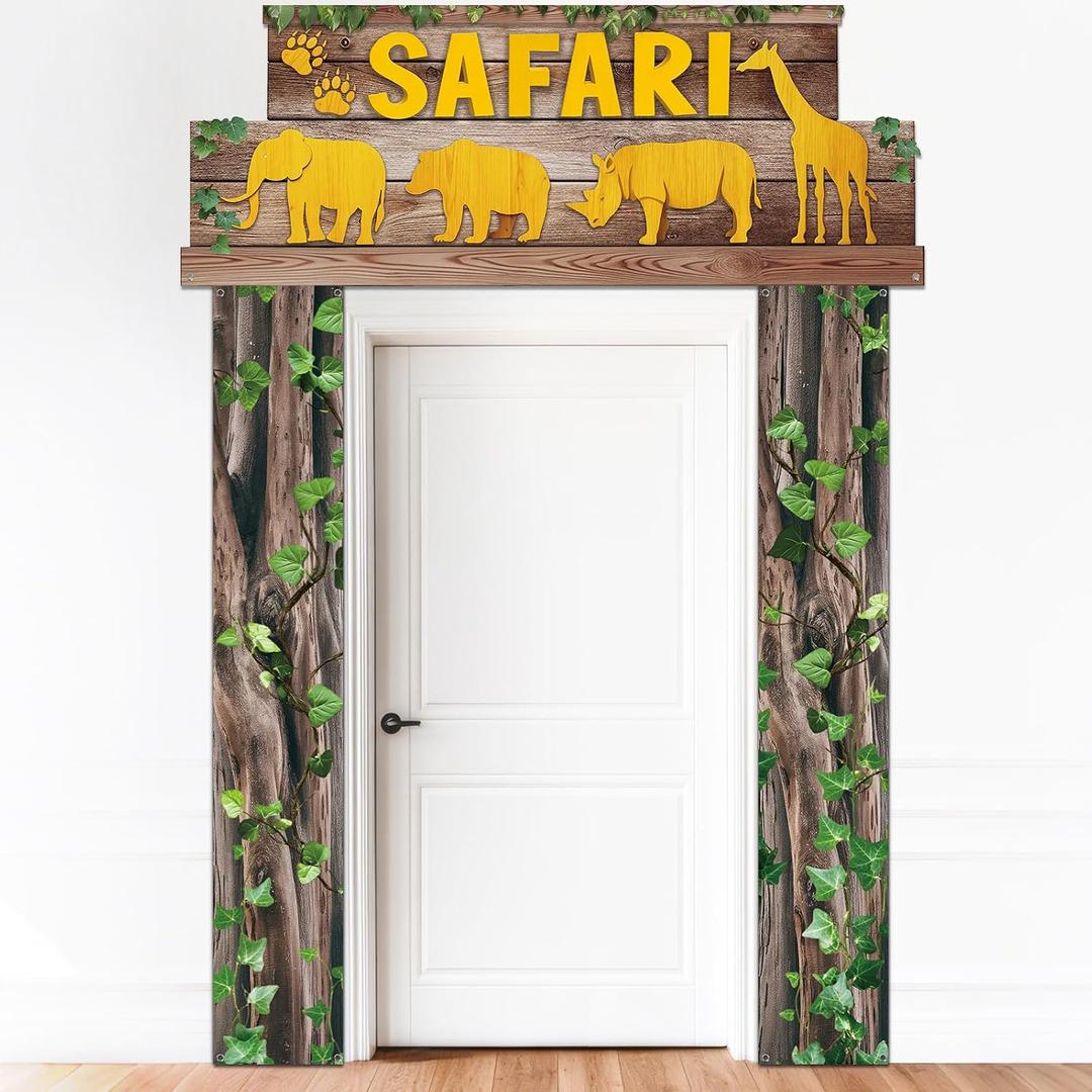 3pcs Jungle Themed Party Door Hanging Banner Wild Animal Birthday Decorations Safari Animals Door Covers Safari Themed Backdrops Porch Sign Decorations for Zoo Party Baby Shower Boys Girls