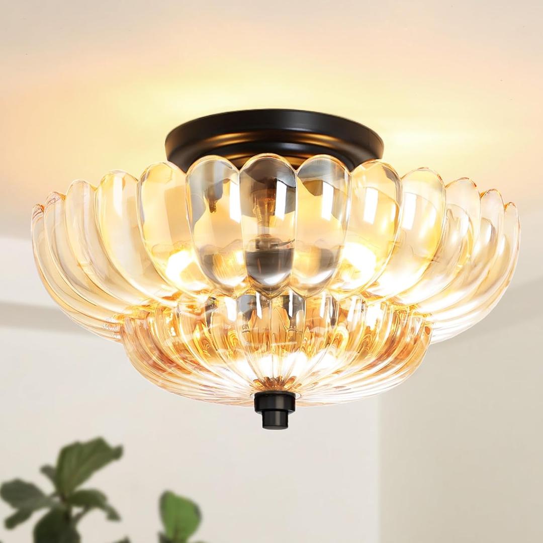 GloMuse Ceiling Lights Semi Flush Mount Ceiling Light Brown Glass Chandeliers Black Base Modern Lighting Light Fixture Suitable for Living Room Kitchen Bedroom Hallway (Bulb Not Included) (11.8 inch)