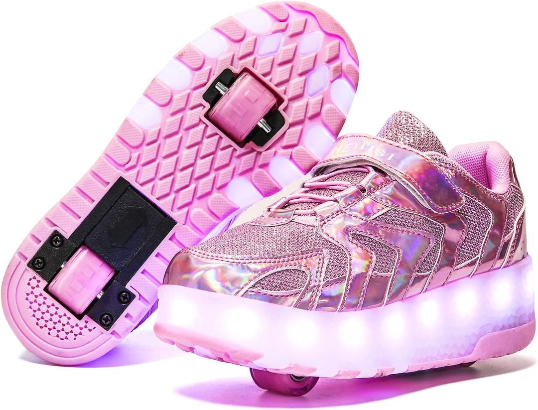 Nsasy Kids Roller Shoes Boy Girl Sneakers with Wheels Become Sport Sneaker with Led for Christmas Birthday Children Show Gift (Pink, 29)