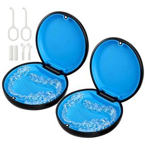 2 Pack Retainer Case, Compatible with Invisalign, Slim Aligner Case with Removal Tool, Aligner Seaters & Brush, Pocket Size Secure Magnetic Closure for Travel - Black