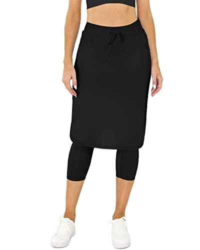 Womens Tennis Skirt with Built in Capri Leggings 20" Knee Length Skorts Skirts Drawstring Golf Skirts Skirted Leggings Black Medium