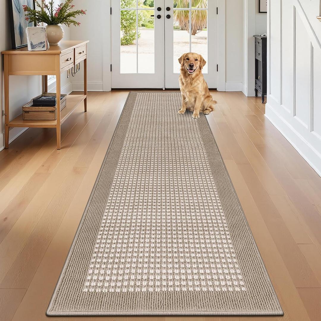 Ileading Hallway Runner Rug 2'x10' Heavy-Duty Durable Entryway Floor Mat with Non Slip Rubber Backing for Busy Traffic Extended Indoor Doormat Machine Washable Beige Kitchen Throw Rug for Corridor