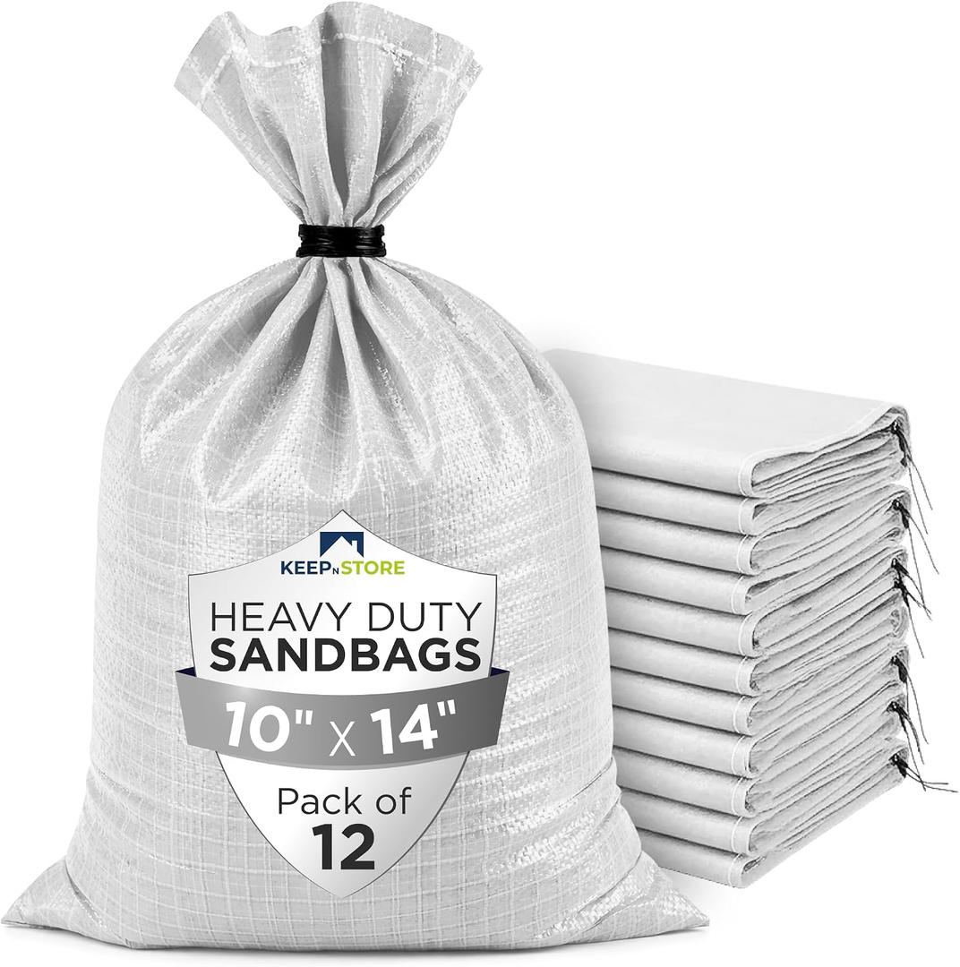 Heavy Duty Sand Bags Pack of 12, White Empty Sandbags with Built-In Ties, Woven Polypropylene UV Protection 1600 Hours, Fillable Bags for Flood Control, Weight, 10x14 inches, 15 Pounds Volume
