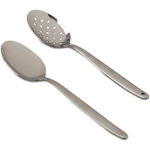2 Pack 8 inch Kunz Small Regular and Perforated Sauce Spoon Set | 18/10 Stainless Steel Silver Chef Spoon ideal for drizzling sauces, plating desserts, Dishwasher safe