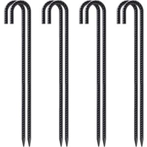VVOKGO 24 Inch Rebar Stakes Heavy Duty J Hook Ground Anchors, 3/8 Inch Diameter Curved Steel Plant Support Garden Stake with Chisel Point end, Hammer Through for Camping Tent - Black Coated (8) (08Pcs-Black, J-24 Inch-3/8")
