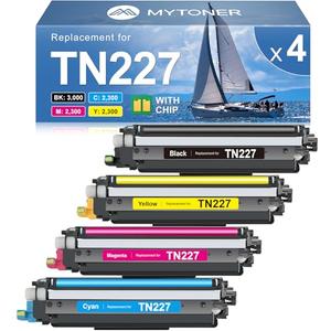 MYTONER TN227 High Yield Toner Cartridge 4 Pack Compatible Replacement for Brother TN227 TN-227 TN227BK TN223 for HL-L3210CW MFC-L3750CDW MFC-L3710CW HL-L3270CDW (TN-227BK/C/M/Y High Yield, 4Pack)