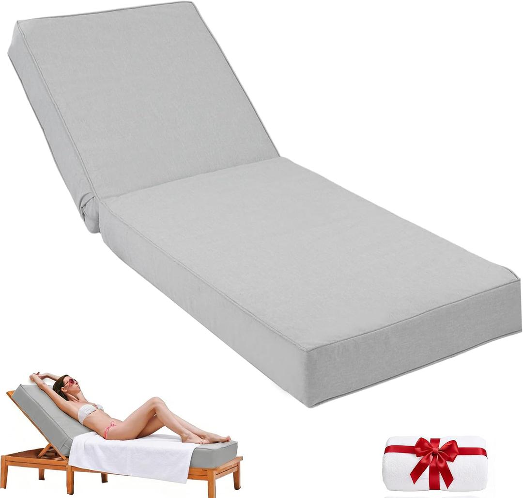 6" Thick Olefin Waterproof 72x21 Chaise Lounge Cushions Outdoor | Lounge Chair Cushion, Removable Cover, Adjustable Tie, Fade-Resistant, for Outdoor Furniture, Poolside, Deck, Light Gray
