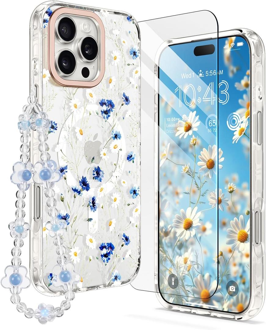 MILPROX Compatible with iPhone 16 Pro Max Case -with Screen Protector/Strap - Compatible with MagSafe - Cute Flower Floral Pattern with Girls/Women - Magnetic Slim Protective Phone Cover - Flowers (Blue White Daisy)