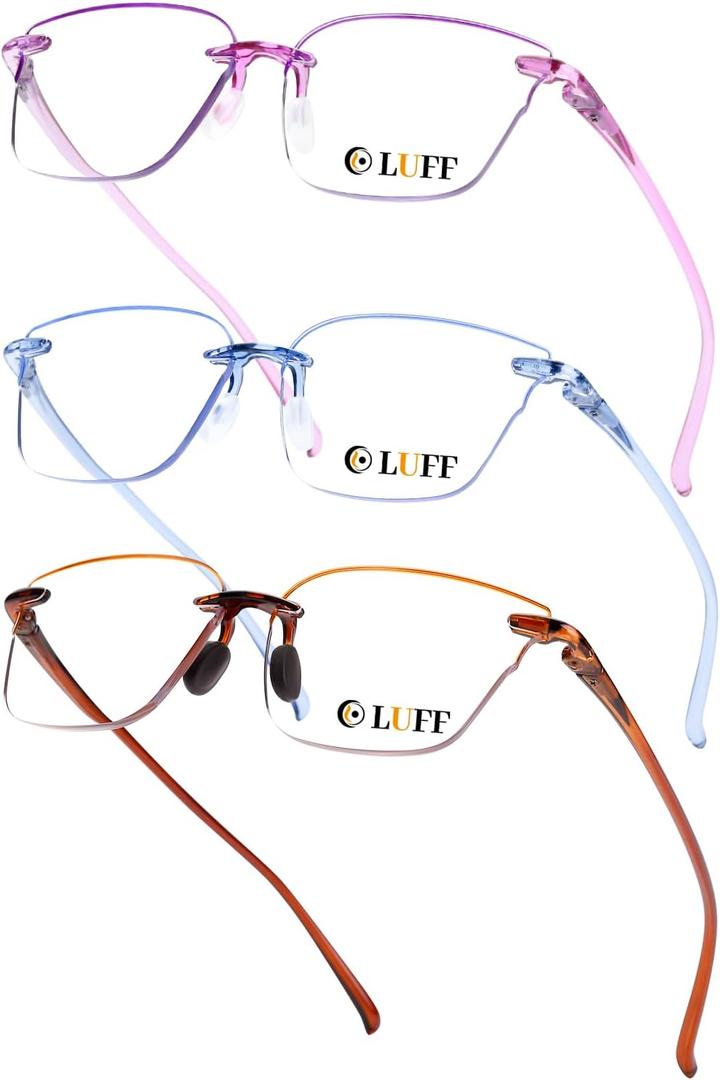 LUFF Cat-Eye Blue-Light Reading Glasses for Women, 3-Pack - Rimless Lightweight Comfort readers Integrated Silicone Nose Pads (Mix Color)