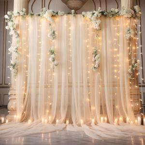 10x10ft Champagne Tulle Backdrop Curtain with Lights String for Parites, Sheer Photo Backdrop Curtains with Lights for Wedding Backdrop Ceremony Reception Bridal Shower Baby Shower Birthday Party (2 Panels(5*10FT))