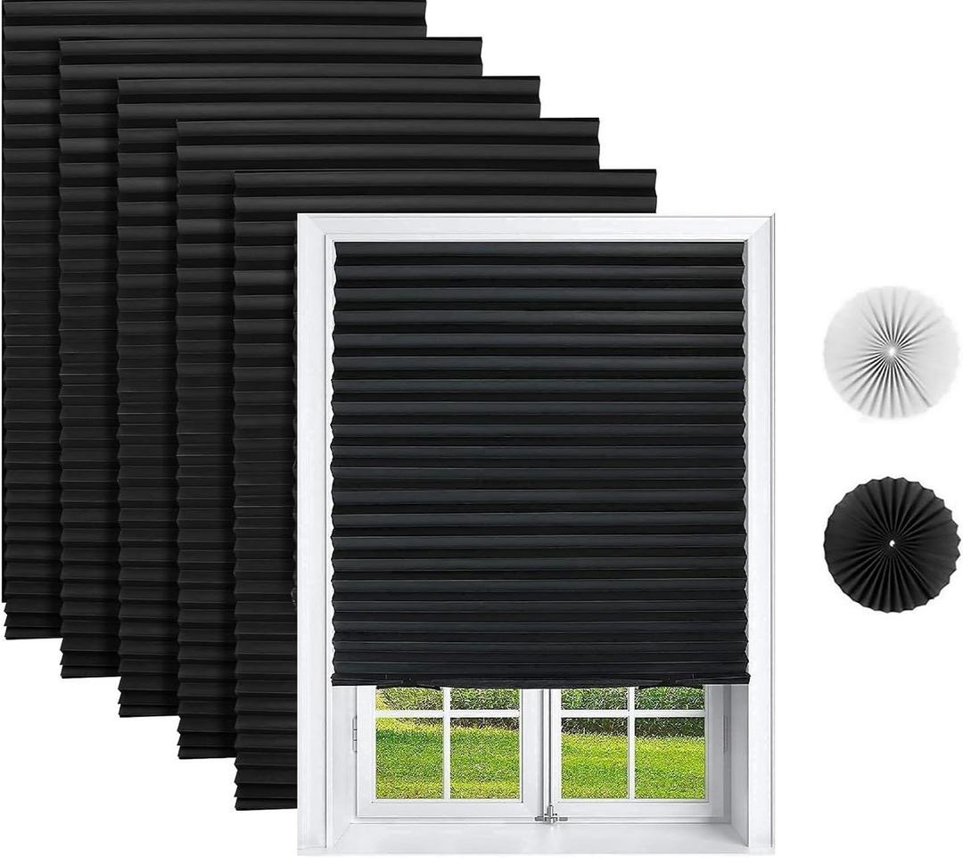 Changshade 6-Pack Blackout Pleated Paper Shades for Windows, Temporary and Portable Room Darkening Shades with 12 Clips for Travel, No Tools and Easy to Install, Cut to Any Size, 36" W x 72" H, Black