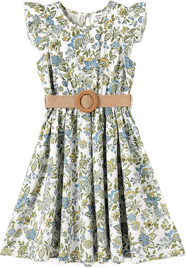 PATPAT Little Big Girls Dress Vintage Boho Floral Ruffle Short Sleeve Casual Swing Dress with Braided Belt 4-5Yr Old