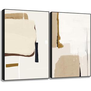 EUROPICART Abstract Wall Art, Set of 2 Black Framed Canvas Paintings, Neutral Beige 16 x 24