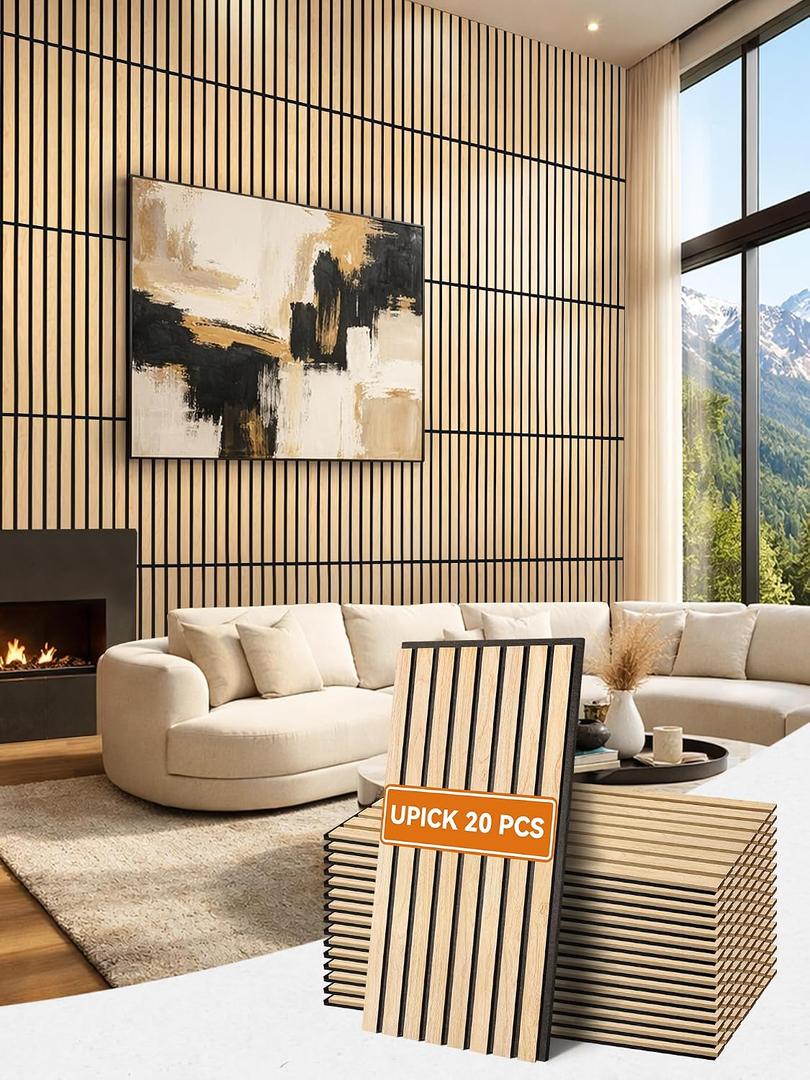Upick Acoustic Wood Slat Wall Panels 24" x 12" Oak for Interior Decor - Sound Absorbing Accent Wall, Easy DIY Install, 20 Pack