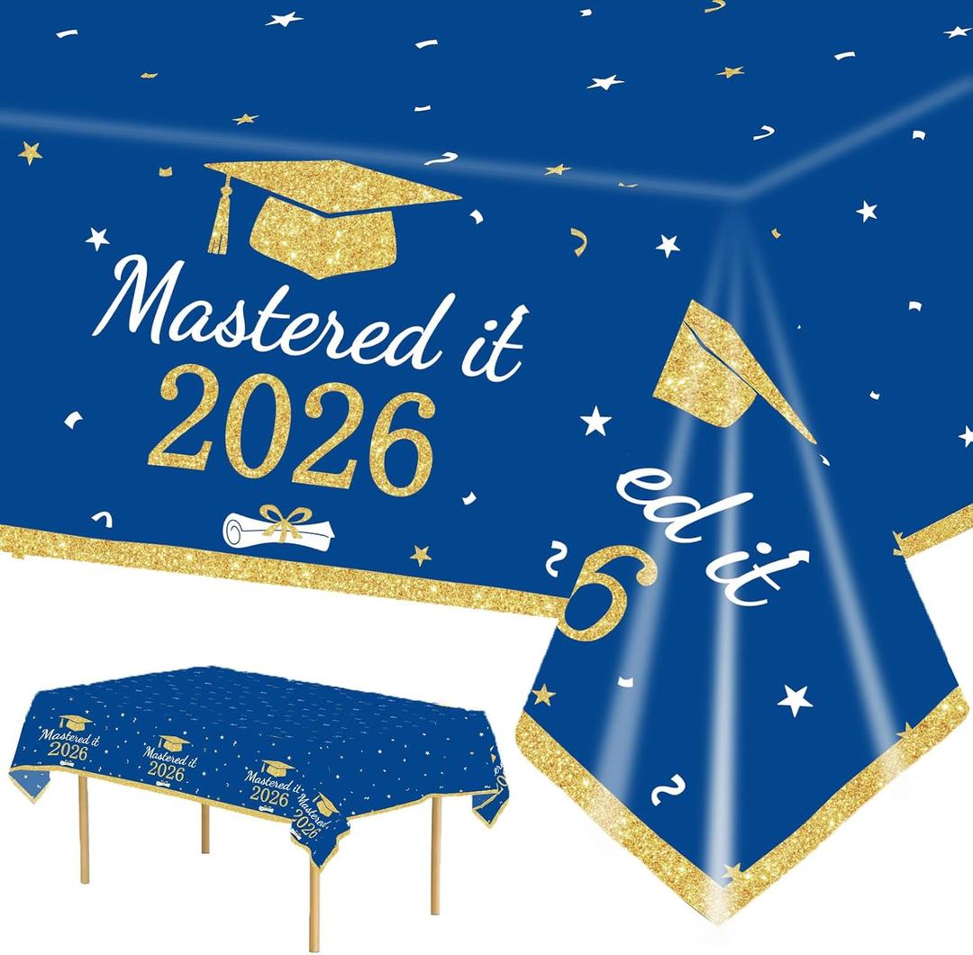 3 Pack Graduation Tablecloth Class of 2026 - Mastered it Royal Blue & Gold Graduation Decorations - Disposable Plastic Table Covers for Party Supplies (108 x 54 Inch)