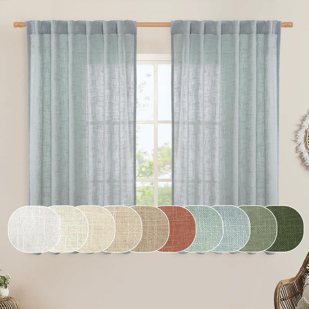 LAMIT Semi Sheer Linen Curtains 54 Inch Length 2 Panels, Greyish Blue Light Filtering Panels Back Tab and Rod Pocket Neutral Drapes for Kitchen/Window/Dining Room, 52 x 54 Inch