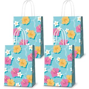 KERINGO 16 PCS Hibiscus Party Favor Hawaiian Themed Paper Bag with Handles Summer Tropical Gift Tiki Luau Treat Hawaii Goodie Bags Kids Birthday Party Supplies