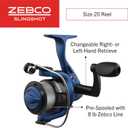 Zebco Slingshot Spinning Reel and Fishing Rod Combo, 5-Foot 6-Inch 2-Piece Fishing Pole, Size 20 Reel, Changeable Right- or Left-Hand Retrieve, Pre-Spooled with 8-Pound Zebco Cajun Line, Blue