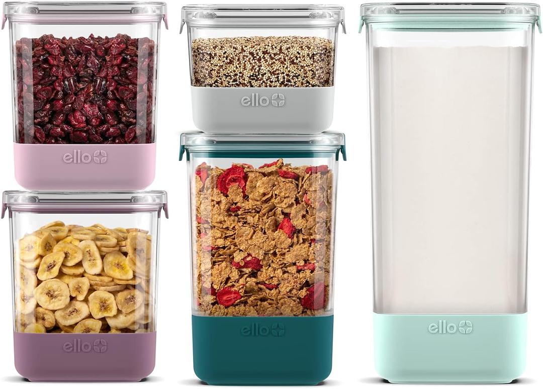 Ello Airtight Food Storage Plastic Canisters with Non-Slip Base Locking Lids and Labels for Kitchen and Pantry Organization Perfect for Sugar, Cereal, Pasta | Set of 5 Mixed Set | Garden Goals