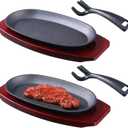 2 Pieces Oval Cast Iron Fajita Skillet Pan Set Small Sizzling Steak Plate with Wooden Base and Handle Cast Iron Fajita Skillet Sizzling Plate for Home Restaurant Barbecue Wedding Valentine's Day (9.5 in X 5.5 in)