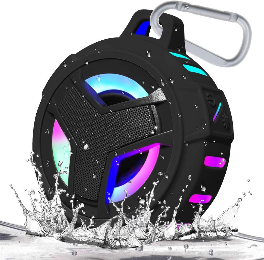 EBODA Bluetooth Shower Speaker, Portable Bluetooth Speakers, IP67 Waterproof Wireless Speaker with LED Light, Floating, 2000mAh, True Wireless Stereo for Kayak, Beach, Gifts for unisex - Black