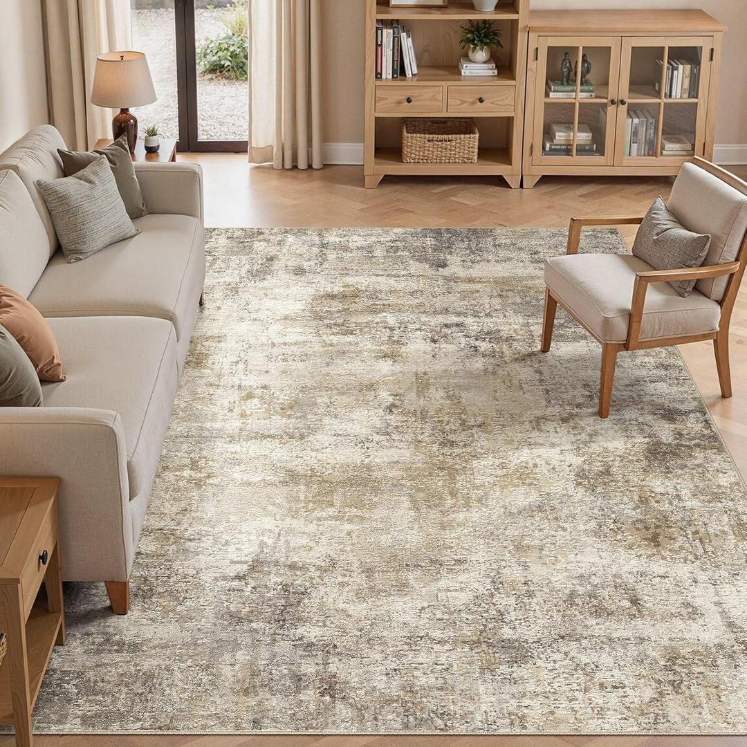 cotiled 9x12 Area Rugs for Living Room - Washable Neutral Abstract Carpet Non Slip Soft Rug for Bedroom & Dining Table, Robot Vacuum & Pet Friendly Floor Decor Brown