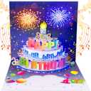 INPHER Birthday Cards Fireworks Pop Up Cake Blowable Light and Music Happy Birthday Card Gifts for Women Men Mom Kids (Blue)