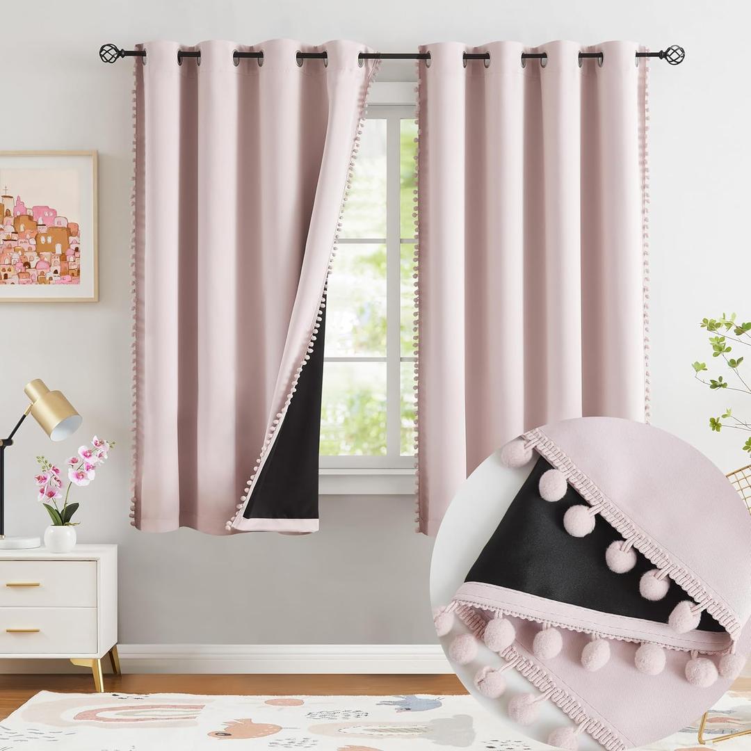Jubilantex Pom Pom Blackout Curtains Blush Pink Thermal Insulated Curtains Blackout Window Treatments 63" Long for Girls Kids Bedroom,52" Wide,2 Panels
