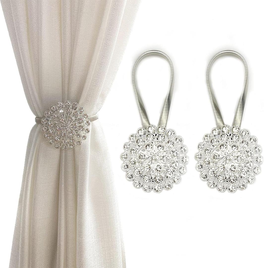 Magnetic Tiebacks for Curtains, 2 Pack Sparkling Crystal Flower Curtain Tiebacks Curtain Buckle Clips with High-Elastic Spring Wire for Home Office Decoration (White)