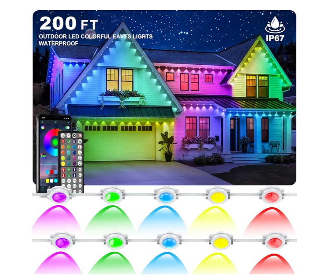Permanent Outdoor Lights,200FT RGB Eave Light,IP67  Lighting for House,Smart LED with App/Remote Control for Outdoor Decor,Garden Decor,Party,Holiday