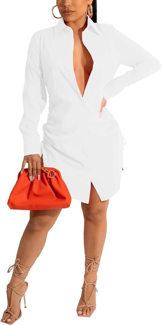 Women's Casual Long Sleeve Button Down Shirts Mini Dress Sexy V Neck T-Shirts Tops Loose Collar Long Blouse Wrap Dress (White, M)