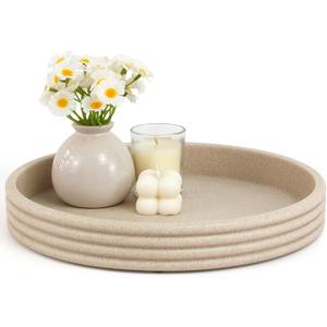 Round Decorative Tray - Modern Coffee Table Tray Decor, Resin Home Decor for Living Room & Bedroom. Multi-Functional Coffee Table Centerpiece with Anti-Slip Pads - 11x1.5 Inch Key Trays - Beige