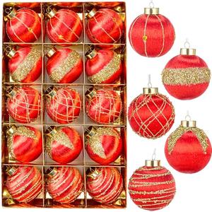 15 Pack 3.15" Fancy Christmas Tree Ornaments Set Large Christmas Baubles for Festive Decor Velvet Shatterproof Ornaments for Tree with Assorted Styles Satin Great as Christmas Ball Bulk Red