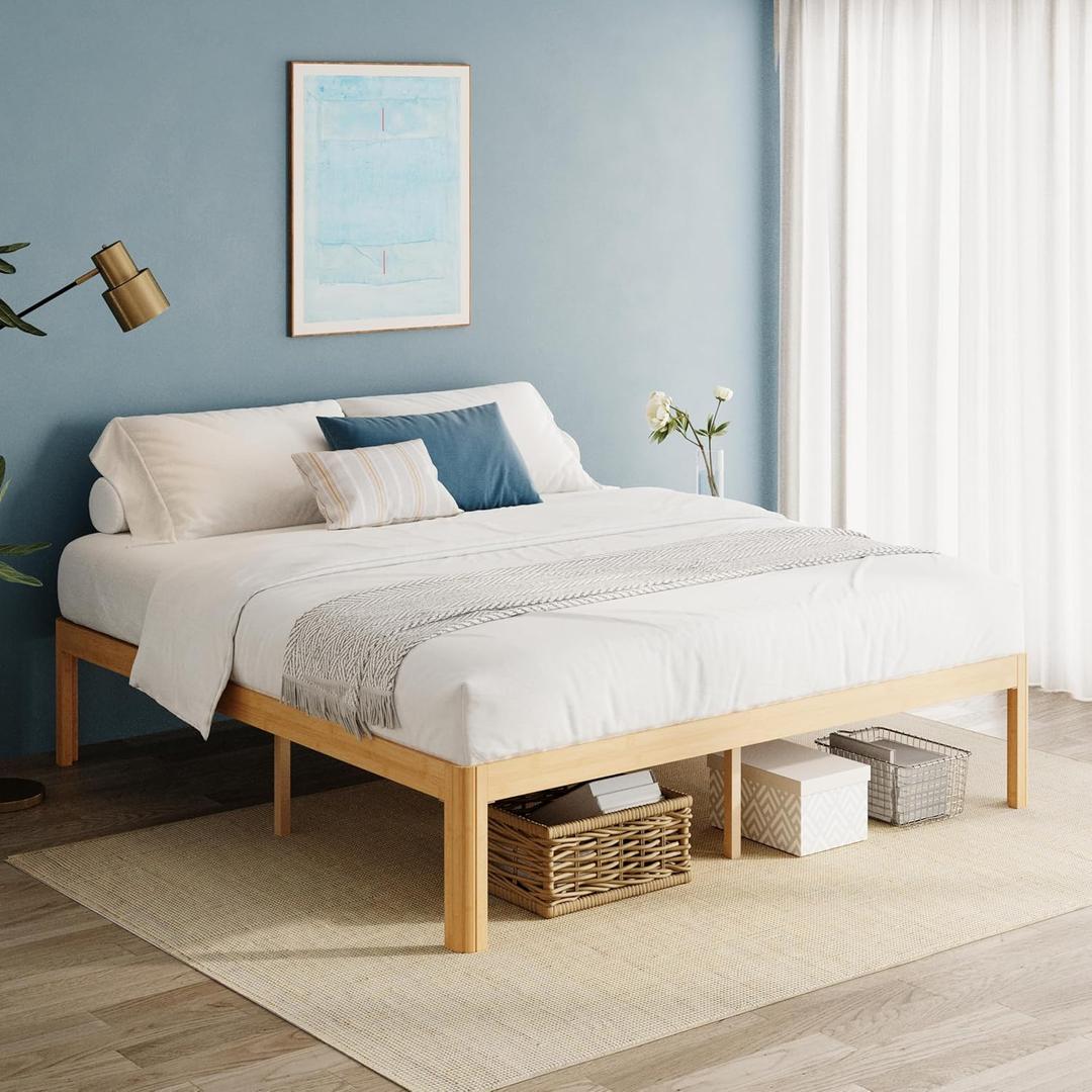18 Inch High Bamboo Wood King Size Bed Frame Platform, Steel Slat Support King Bed Frame, Sturdy, No Box Spring Needed, Easy Assembly, Noise Free
