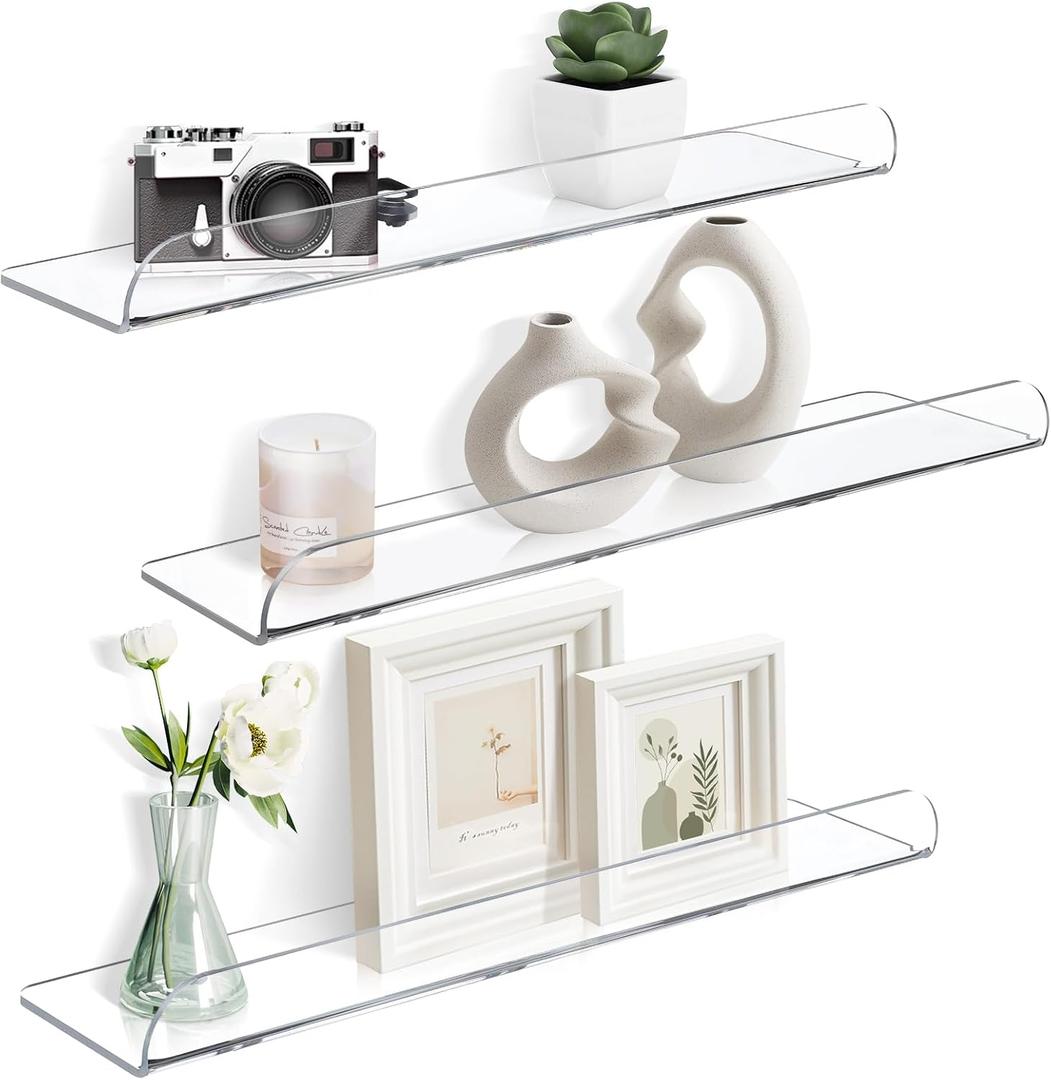 15 Inch Acrylic Floating Shelves for Wall Decor, 3 Pack Clear Acrylic Shelves for Bedroom Kitchen Office Nursery, Durable Stylish Wall Mounted Vinyl Record Holder, Magazine Rack, Picture ledge