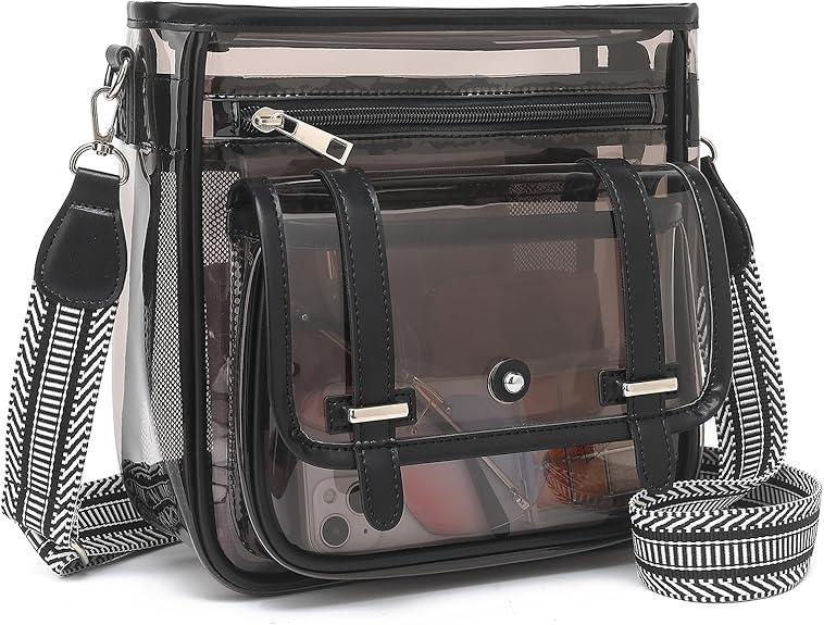 Clear Purse, PVC Clear Crossbody Bags for Women Heavy Duty Transparent Bag for Stadium Events See Through Concert Bag (Semi-black)