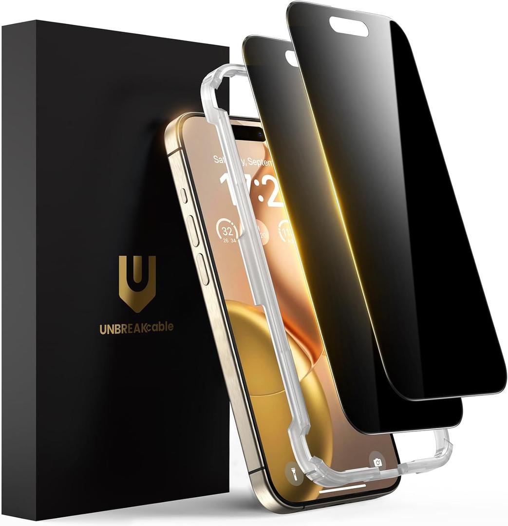 UNBREAKcable Privacy Screen Protector for iPhone 15 Pro, Full Coverage Shatterproof Tempered Glass [True 28Anti Spy] [9H Hardness] [Easy Installation Frame] 2-Pack Private Screen for iPhone 15 Pro
