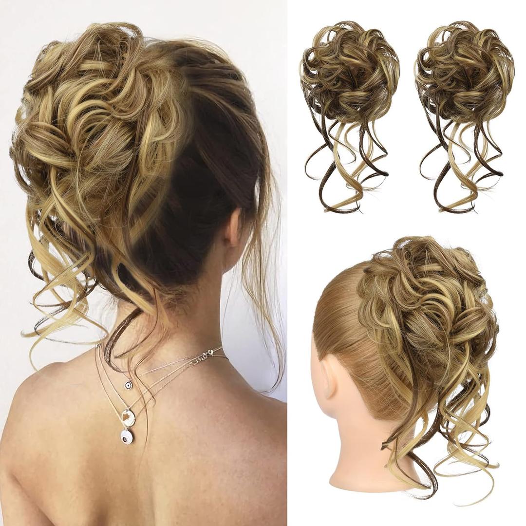 HOOJIH Messy Bun Hair Piece, 2PCS Tousled Updo with Tendrils Bun Extensions Wavy Curly Hair Wrap Ponytail Hairpieces Scrunchies for Women HB010 Dasiy - Medium Brown with Blonde Highlights