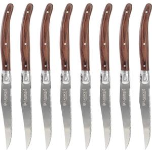 Laguiole Style Steak Knives Set of 6, Serrated Stainless Steel Steak Knife Set, Elegant French Design, Dishwasher Safe, Gift Box for Dinner & BBQ (wood-8)