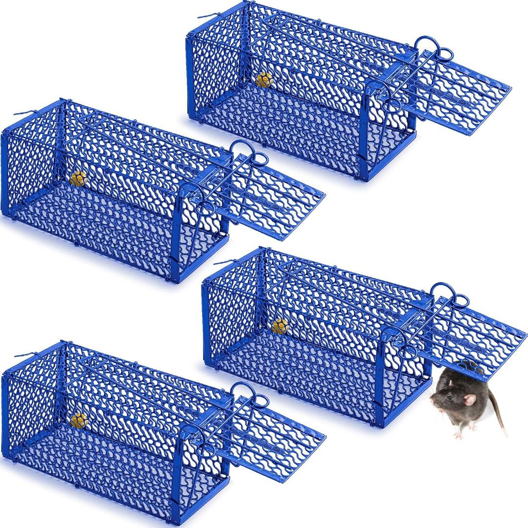 Qualirey 4 Pcs Humane Rat Trap Chipmunk Squirrel Cage Trap Foldable Rodent for Small Live Animal Voles Hamsters Catch and Release for Kitchen Yard Garage Indoors Outdoors (Blue)