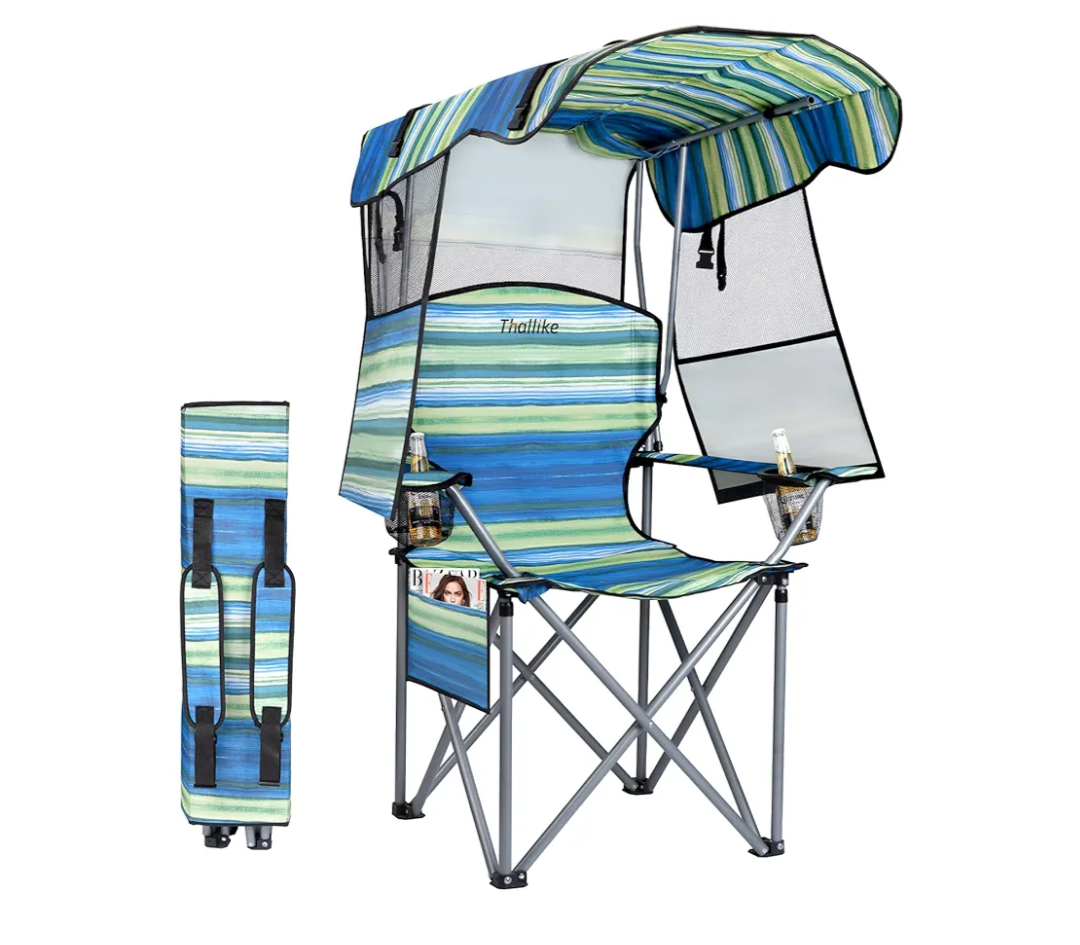 Folding Camping Chair with Reinforced Shade Canopy Comfortable Wide Seat with Cup Holder and Side Pocket Portable Outdoor Chair for Beach Fishing Sports Lawn Supports 350 LBS