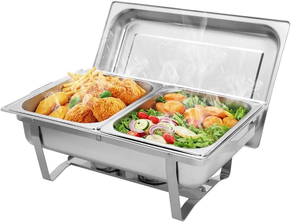 ROVSUN 8 Quart Chafing Dish Buffet Set, NSF Stainless Steel Catering Serve Chafer, Rectangular Food Warmer with 2 Half Size Food Pans and Foldable Frame for Party (1 Pack)