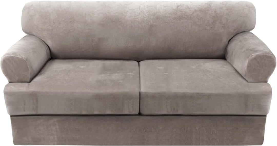 H.VERSAILTEX Sofa Cover 3 Piece T Cushion Loveseat Slipcovers Thick Velvet Couch Cover Furniture Protector Stretch T Cushion Sofa Covers for 2 Cushion Couch with 2 T Cushion Covers Washable, Taupe (2 Cushion Loveseat)